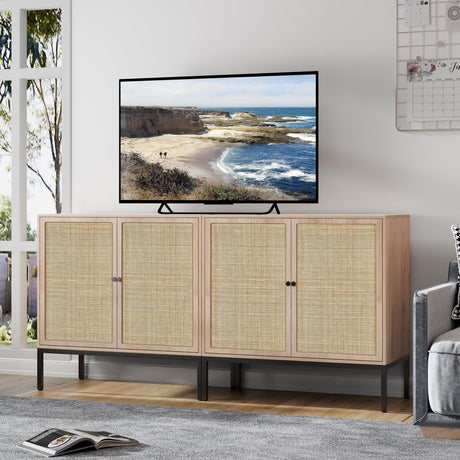 Brafab Set of 2 Sideboard Buffet Cabinet with Storage, Sideboard Cabinet with Natural Rattan Decorated Doors, Rattan Cabinet, for Living Room, Brafab