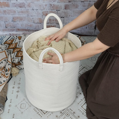 XUANGUO Cotton Rope Laundry Basket Hamper for Clothes Decorative Woven Storage Basket for Living Room Bedroom Boho Tall Rope Baskets for Blanket Toys - WoodArtSupply