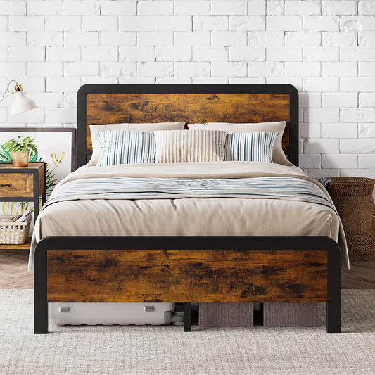 GAOMON Rustic Vintage 14 Inch Metal Platform Bed Frame with Wooden Headboard and Footboard - WoodArtSupply