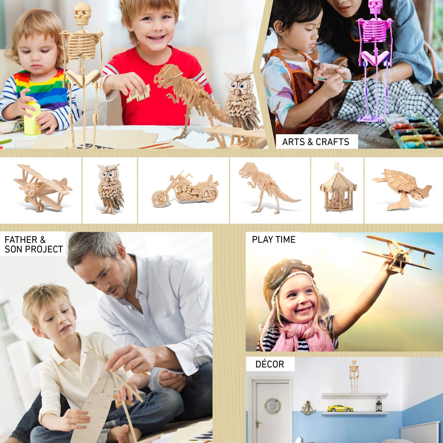 Puzzled 3D Puzzle Human Skeleton Wood Craft Construction Model Kit, Fun & Educational DIY Wooden Toy Assemble Model Unfinished Crafting Hobby Puzzle Puzzled