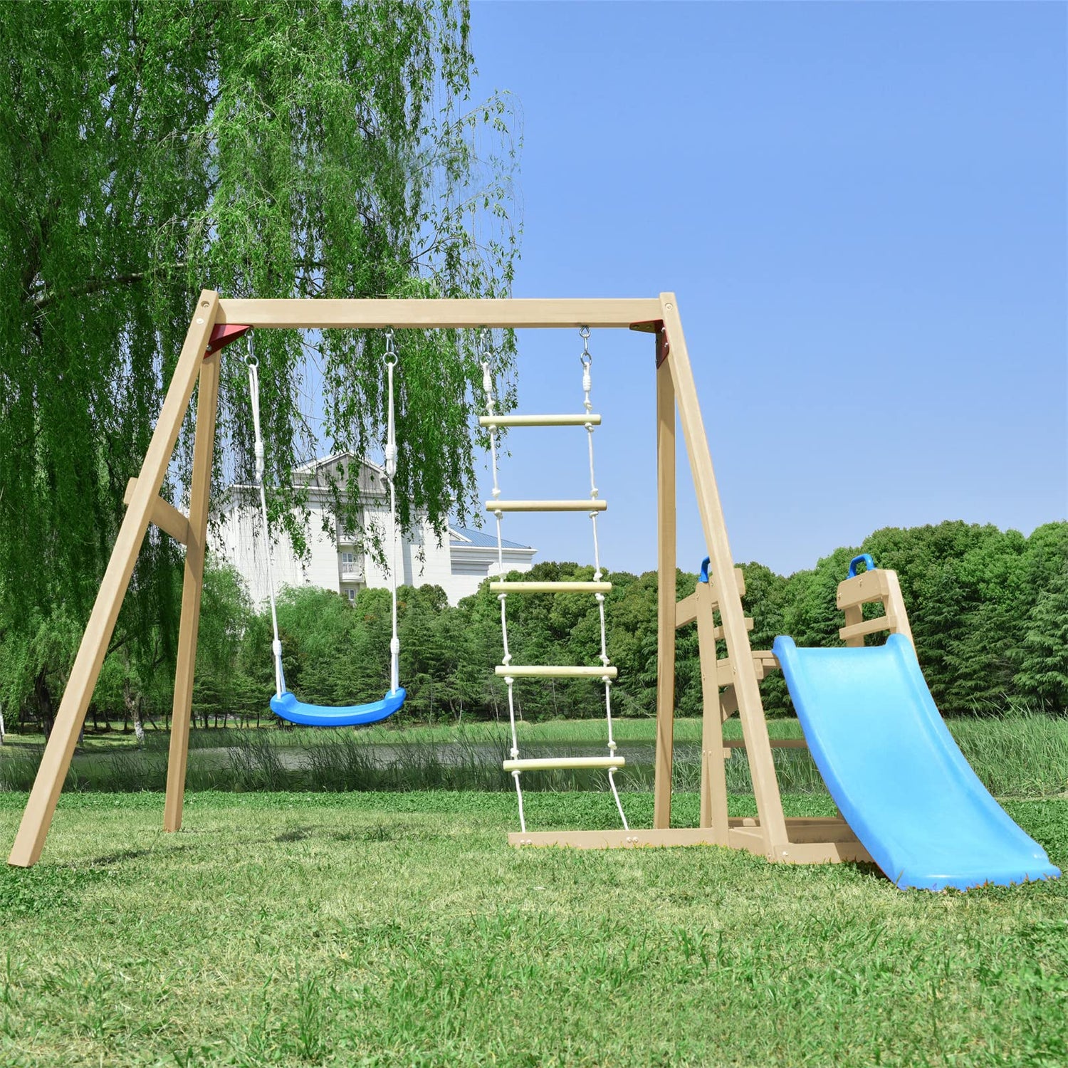 Wooden Swing Set with Slide, Outdoor Playset Backyard Activity Playground Climb Swing Outdoor Play Structure, Ready to Assemble Wooden Swing-N-Slide TURRIDU