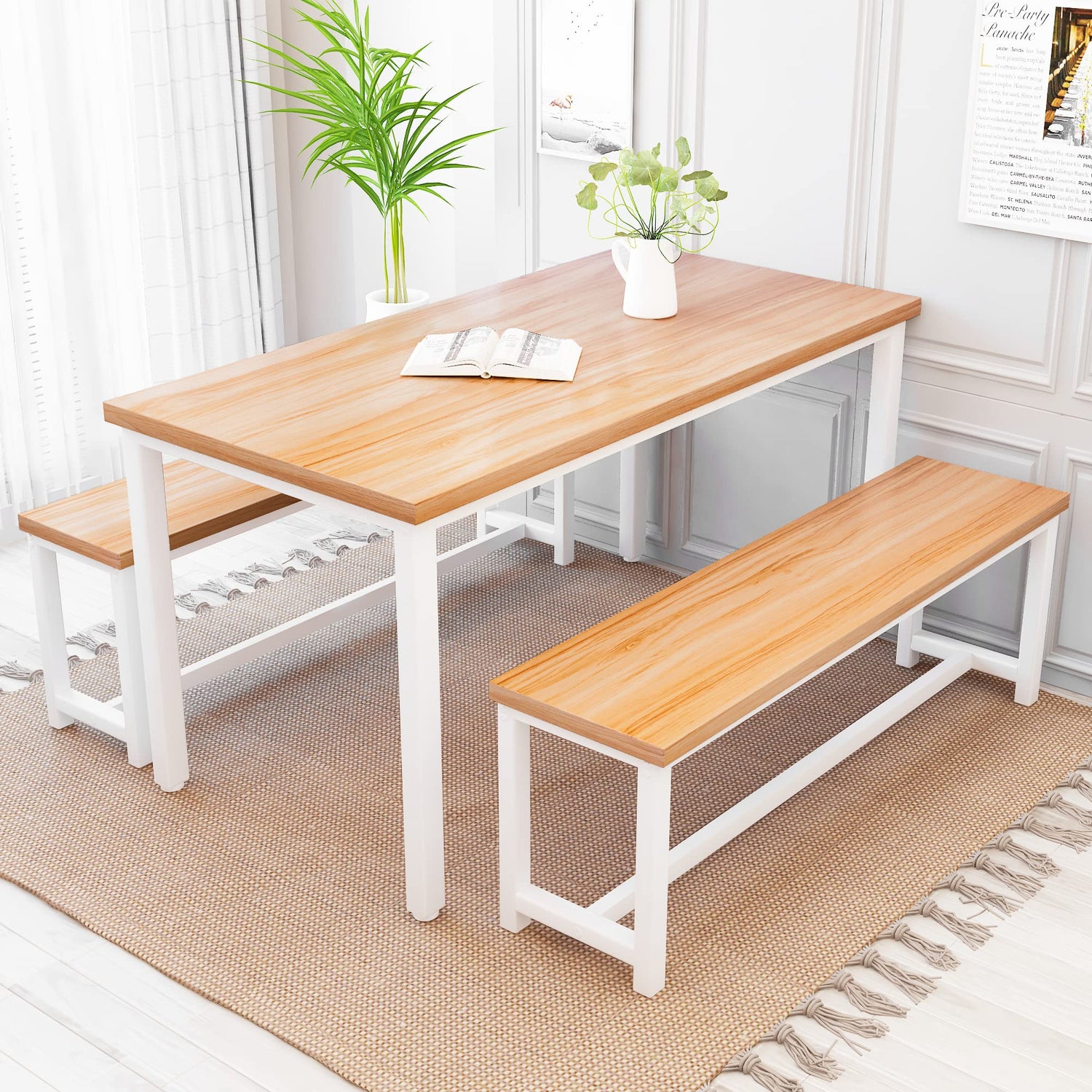Recaceik Dining Table Set for 4 Kitchen Table Set with 2 Dining Benches, 3 Piece Farmhouse Dining Room Table Set Industrial Breakfast Nook Table Set Recaceik