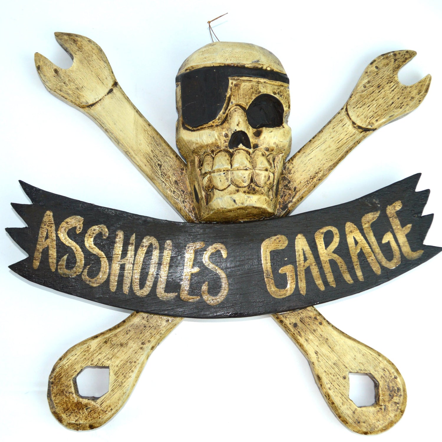 LG 12 inch Hand Carved Wood Pirate Skull Cross Bone With Wrenches"ASSHOLE'S GARAGE" Sign Plaque Wall Art Decor FERGRELM bb