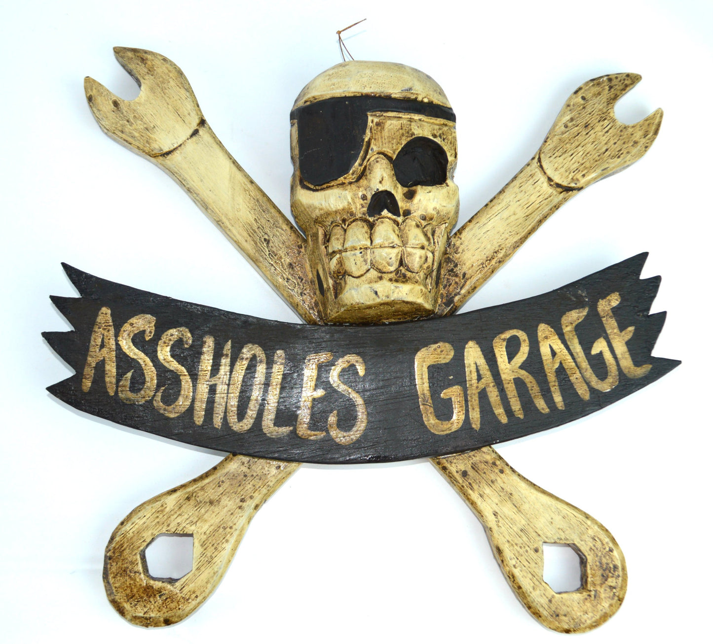 LG 12 inch Hand Carved Wood Pirate Skull Cross Bone With Wrenches"ASSHOLE'S GARAGE" Sign Plaque Wall Art Decor - WoodArtSupply