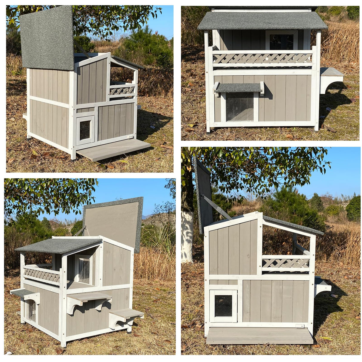 Gowoodhut Feral Cat Shelter Outdoor Weatherproof - Two Story Wooden Cat House Outside Feral Cat House with Balcony Waterproof, Escape Door Gowoodhut