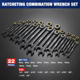 WORKPRO 22-Piece Ratcheting Wrench Set, Anti-slip Teeth, Ratchet Combination Wrench Sets with Organizer Box, Metric 6-18mm & SAE 1/4-3/4", Black WORKPRO