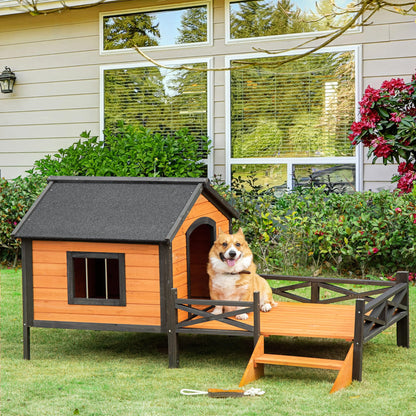 PawHut Wooden Dog House with Porch, Outside Dog House with Water-Resistant Asphalt Roof, Ladders, Fencing, Window, for Small and Medium Dogs, Natural