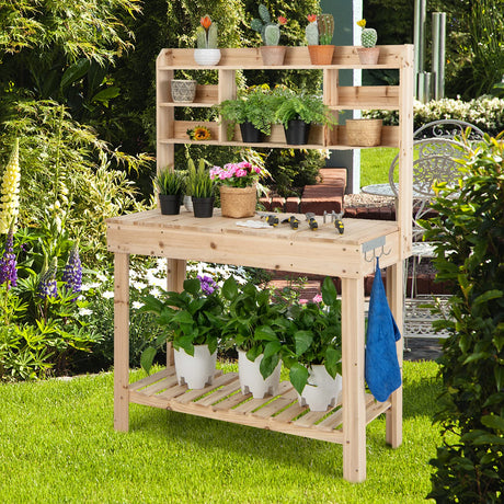 HAPPYGRILL Potting Bench Table, 60.5” Wood Workstation Workbench Table with Flip-Up Tabletop, Shelves & Hanging Hooks, Outdoor Flowerpot Bench, HAPPYGRILL