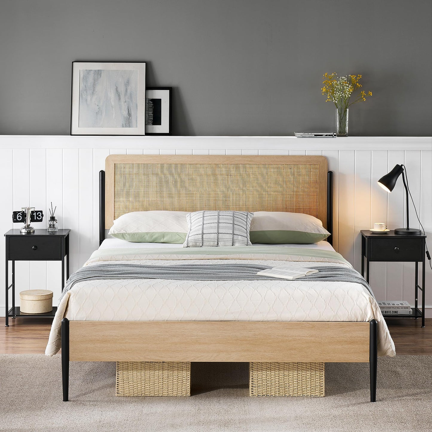 IDEALHOUSE Queen Size Bed Frame with Rattan Headboard, Platform Bed Frame with Safe Rounded Corners, Strong Metal Slats Support, Mattress Foundation,
