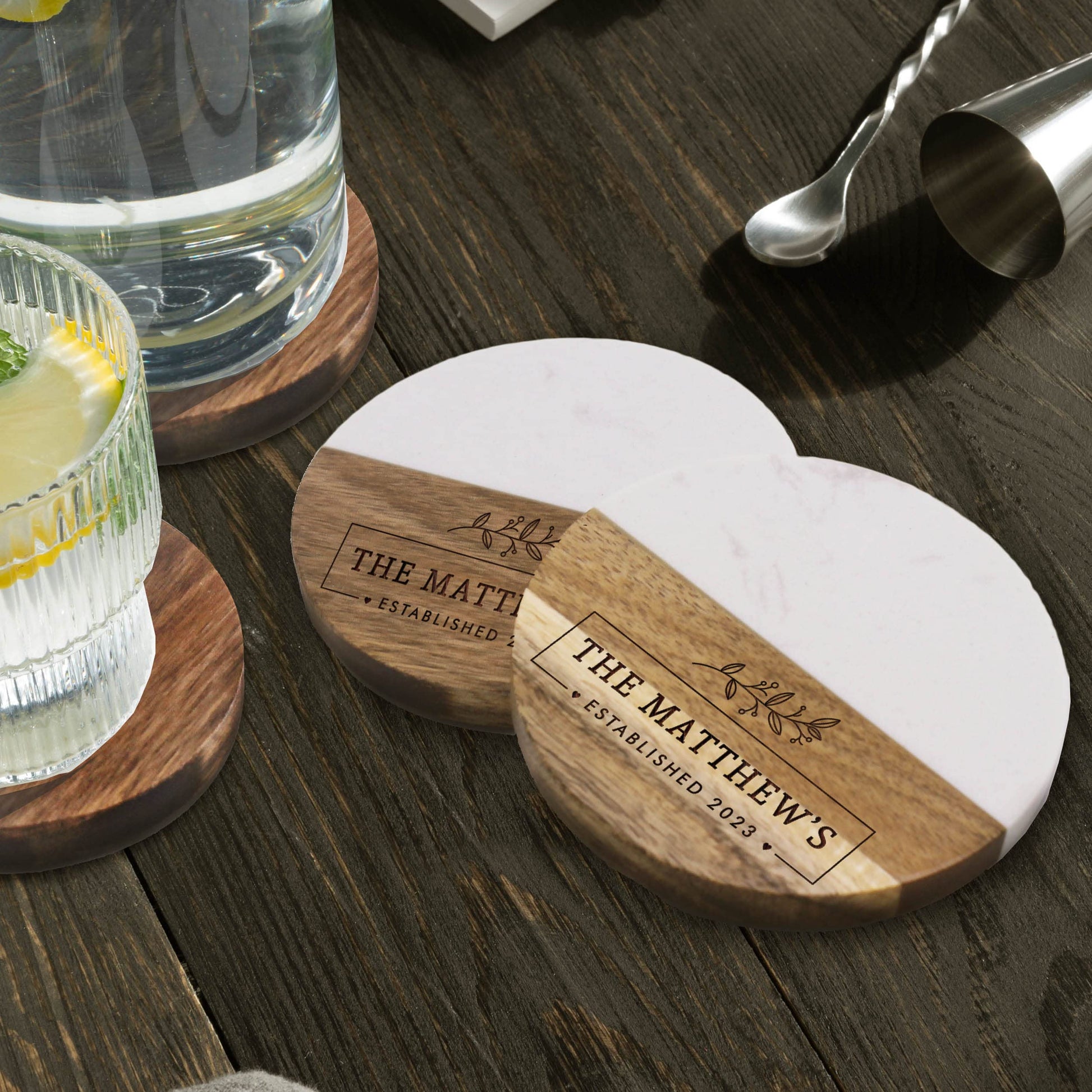 Custom Personalized Set of 4 Marble and Acacia Coasters for Drinks, Couples, Wedding Gift, New Home (Round Marble and Acacia) - WoodArtSupply