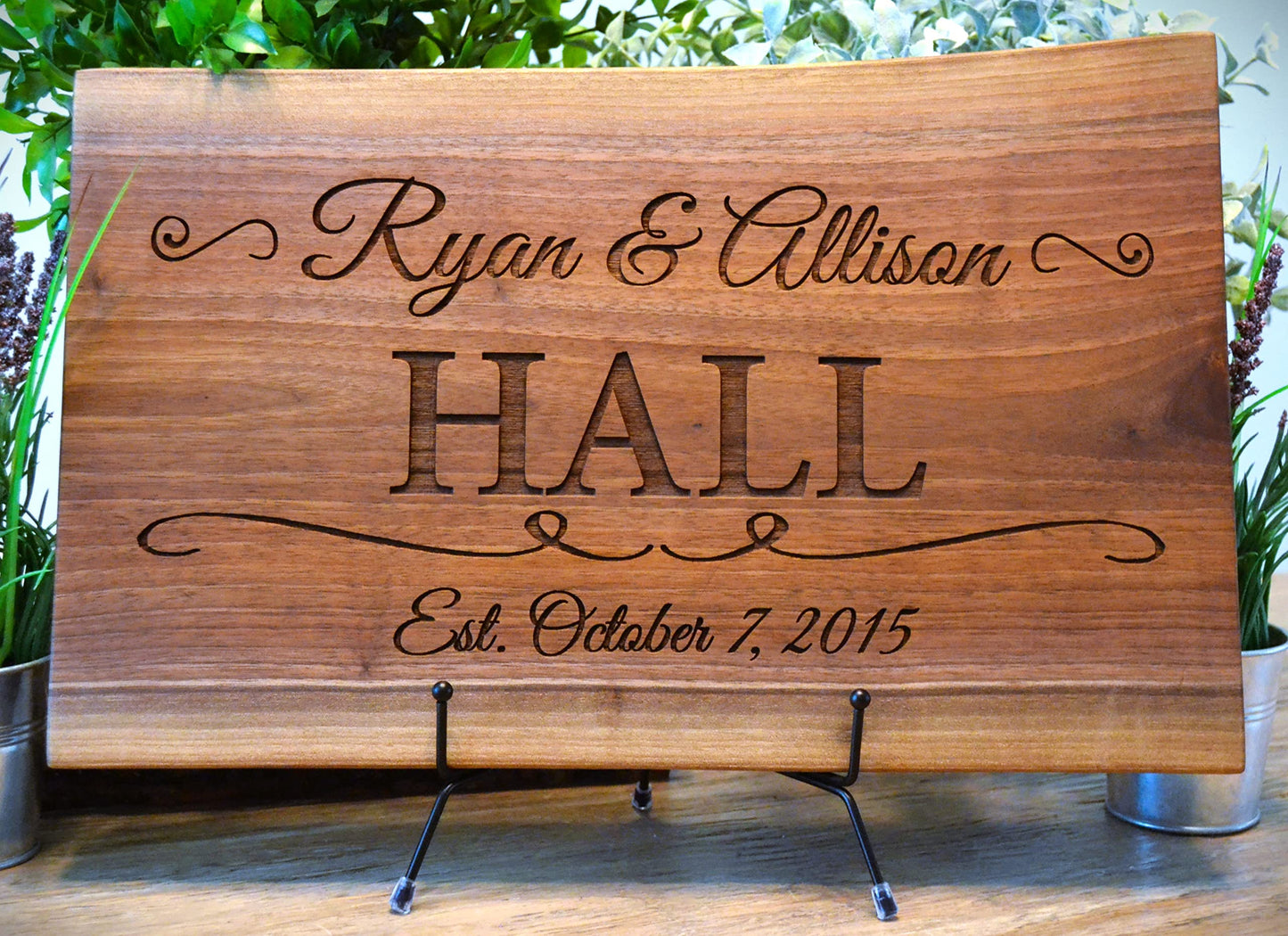 Personalized Cutting Board Wedding Gift Elegant Walnut Polished Live Edge Wood Display Custom Engraved Rustic Unique Anniversary Bride Groom Newlywed - WoodArtSupply