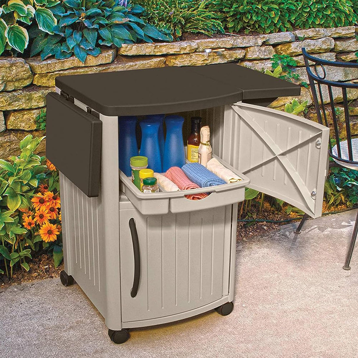 Suncast DCP2000 Portable Outdoor Patio Backyard Grilling Entertainment Serving Prep Station Table with Cabinet Storage and Drop Leaf Extensions, Suncast