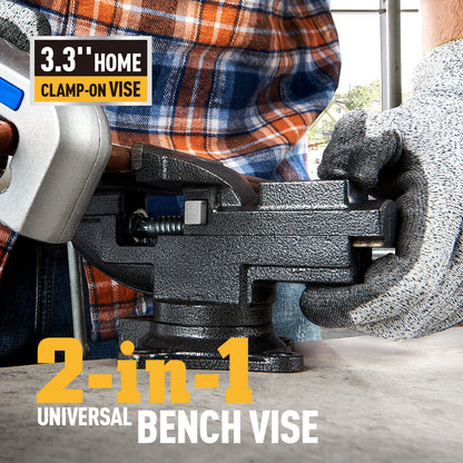 Dual-Purpose Combined Universal Vise 360° Swivel Base Work, Bench Vise or Table Vise Clamp-On with Quick Adjustment, 3.3" Movable Home Vice for