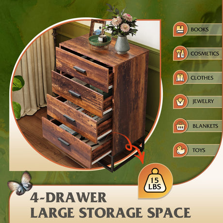 WLIVE Dresser for Bedroom with 4 Drawers, Nightstand, Chest of Drawers, Tall Dresser Drawers with Sturdy Metal Frame for Hallway, Living Room, WLIVE