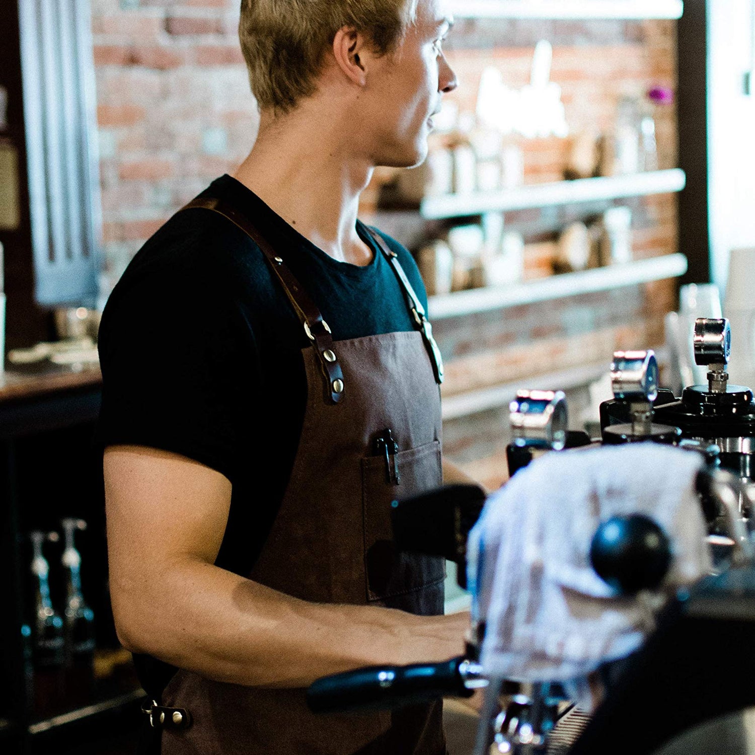 ApronMen Leather and Waxed Canvas Server Aprons With 3 Pockets for Men/Women - Adjustable Barista Work Apron With Kitchen Towel Holder - Chef ApronMen