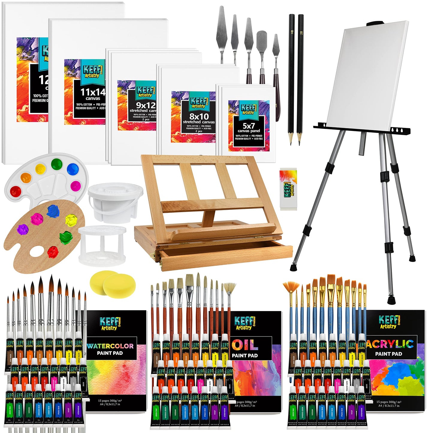 KEFF Large Deluxe Art Painting Supplies Set - 140-Piece Professional Paint Kit for Adults & Kids with Acrylic, Watercolor & Oil Paints, Aluminum - WoodArtSupply