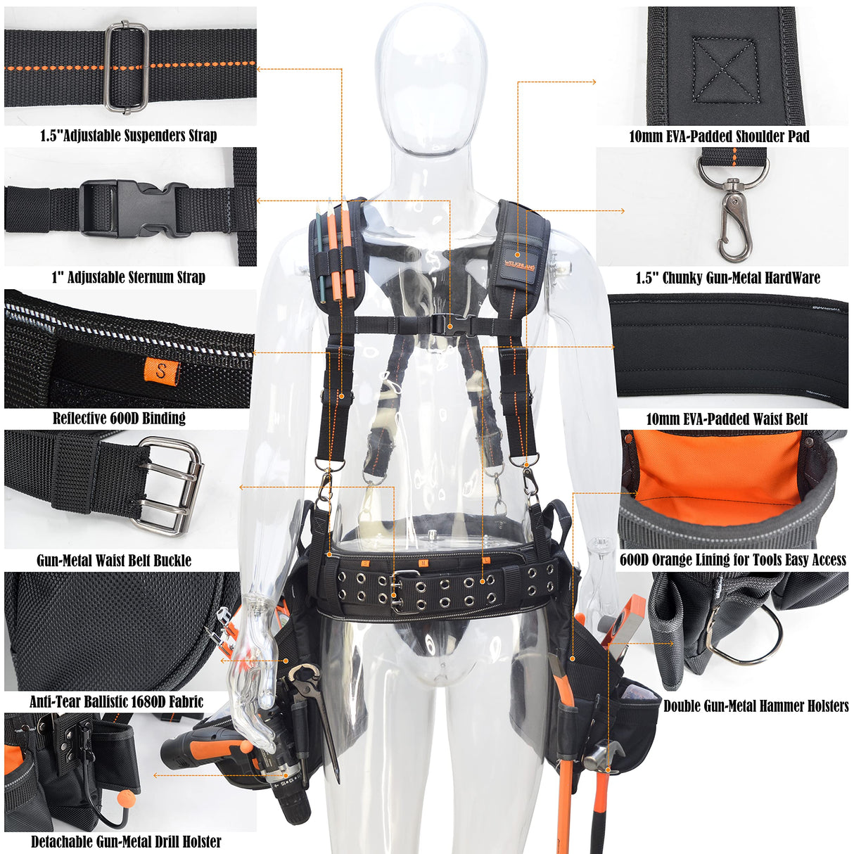 Tool belt with suspenders, Tool belt suspenders, Carpenter tool belt, Framers tool belt, Scaffold tool belt, Construction tool belt, Tool belt pouch, WELKINLAND