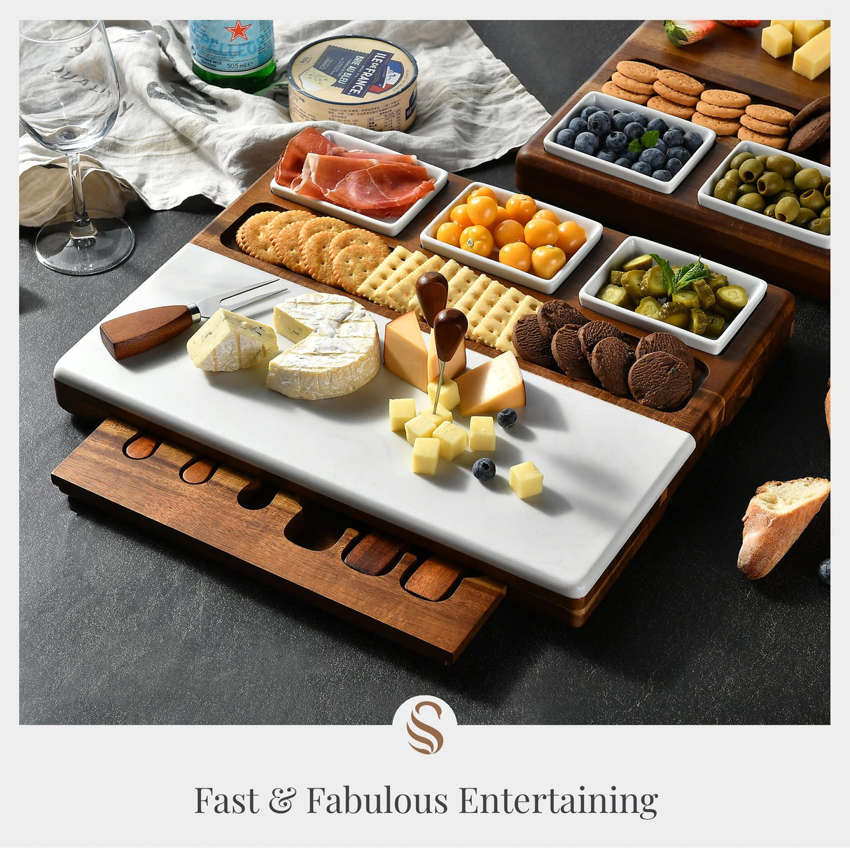Shanik Wood - Marble Cheese Board Set with 3 Ceramic Bowls - Stainless Steel Cutlery Set, Charcuterie Board Set & Gift for Any Occasion (Without Shanik