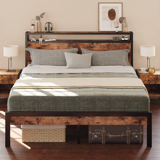 LIKIMIO Vintage Brown Queen Bed Frame with 2-Tier Storage Headboard and Strong Support Legs - WoodArtSupply