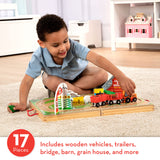 Melissa & Doug 17-Piece Wooden Take-Along Tabletop Farm, 4 Farm Vehicles, Play Pieces , Grain House - Take-Along Pretend Play Toy Barn Farm Toys For Melissa & Doug