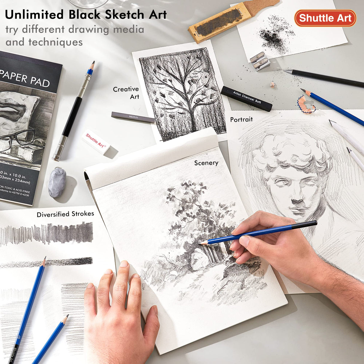 Shuttle Art Drawing Kit and Sketch Pad Bundle, Set of 124 Pack Professional Drawing Kit +260 Sheets Sketch Pad Shuttle Art