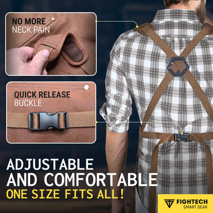 FIGHTECH® Waxed Canvas Apron with Tool Pockets | Work Apron w Kevlar Stitching | Woodworking Shop Apron | Adjustable M-XXL (Brown, Canvas)