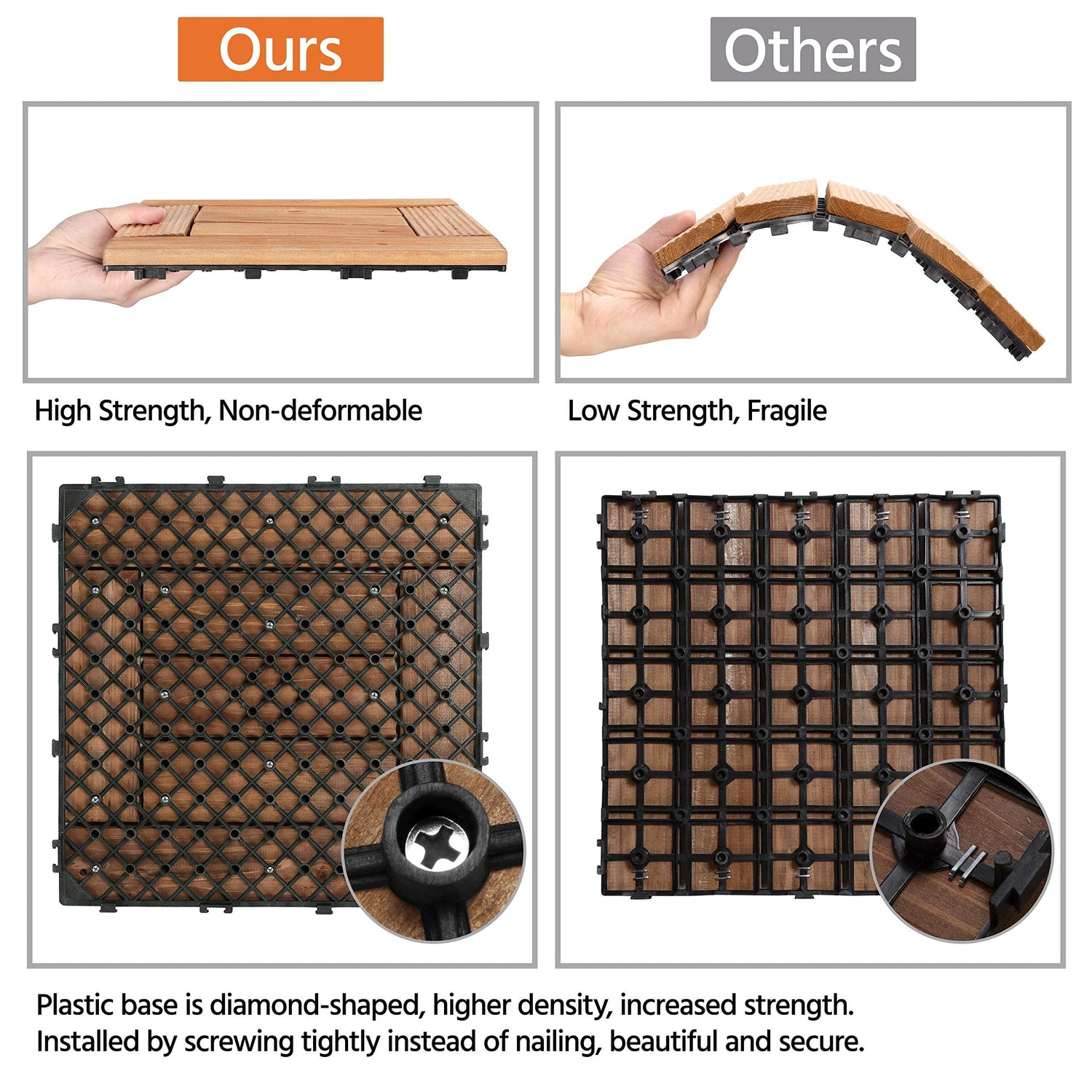 Yaheetech 27PCS Natural Wood Deck Tiles Interlocking Patio Deck Tiles Solid Wood and Plastic Indoor&Outdoor 12 x 12in Yaheetech