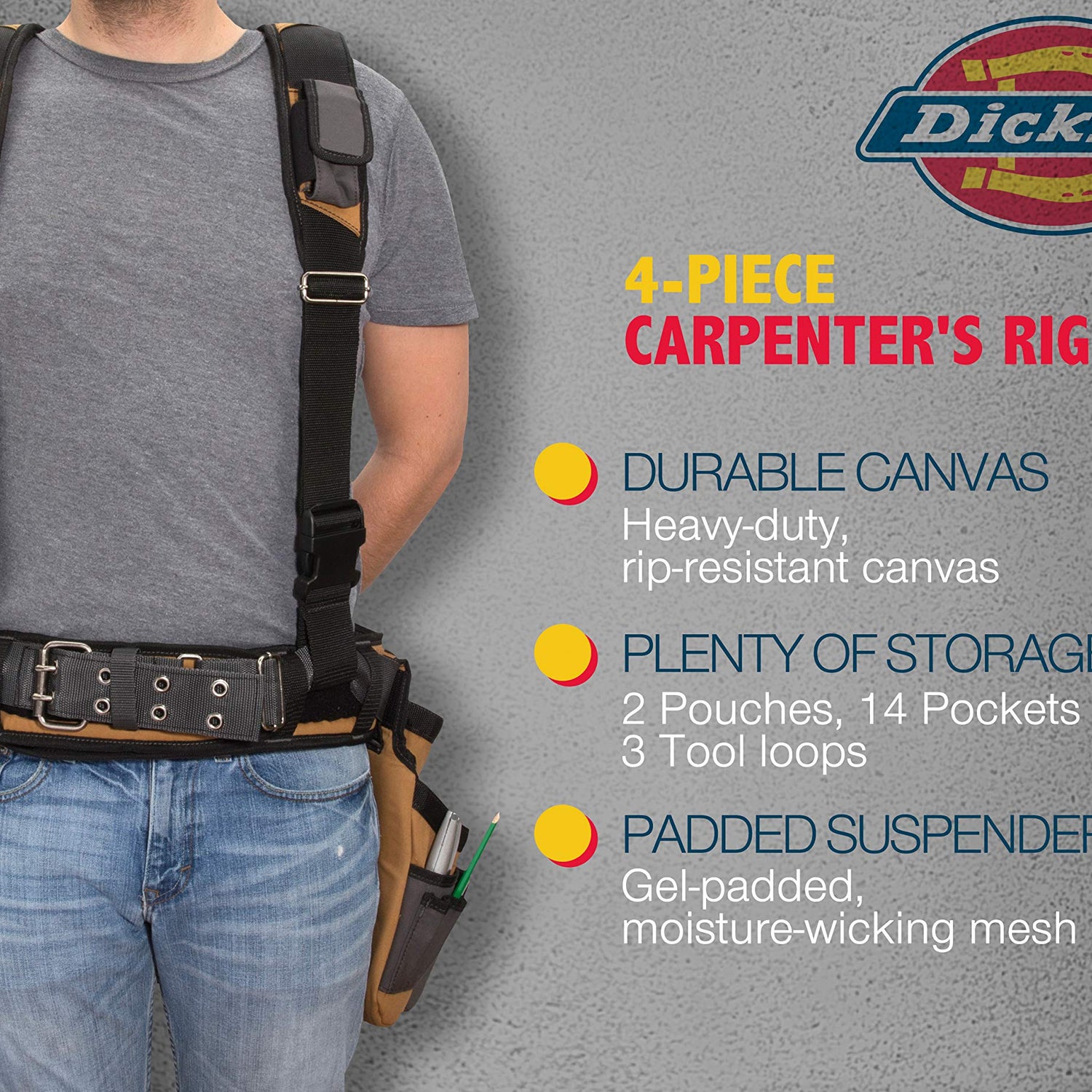 Dickies 4-Piece Carpenter's Rig, Padded Tool Belt Suspenders, Cooling Mesh, Tool Belt, Steel Buckle, Grey/Tan, 3.8 lb Dickies Work Gear
