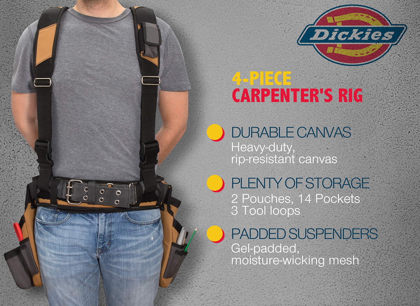 Dickies 4-Piece Carpenter's Rig, Padded Tool Belt Suspenders, Cooling Mesh, Tool Belt, Steel Buckle, Grey/Tan, 3.8 lb