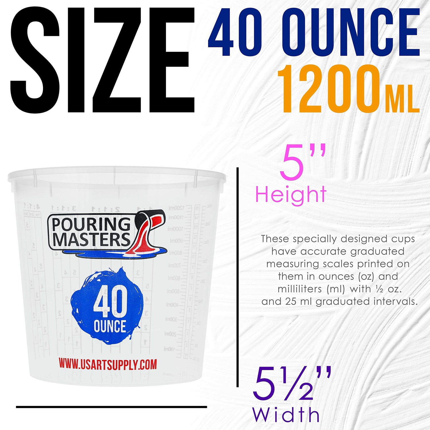 Pouring Masters 40 Ounce (1200ml) Graduated Plastic Mixing Cups (Box of 24) - Use for Paint, Resin, Epoxy, Art, Kitchen, Cooking, Baking - Pouring Masters