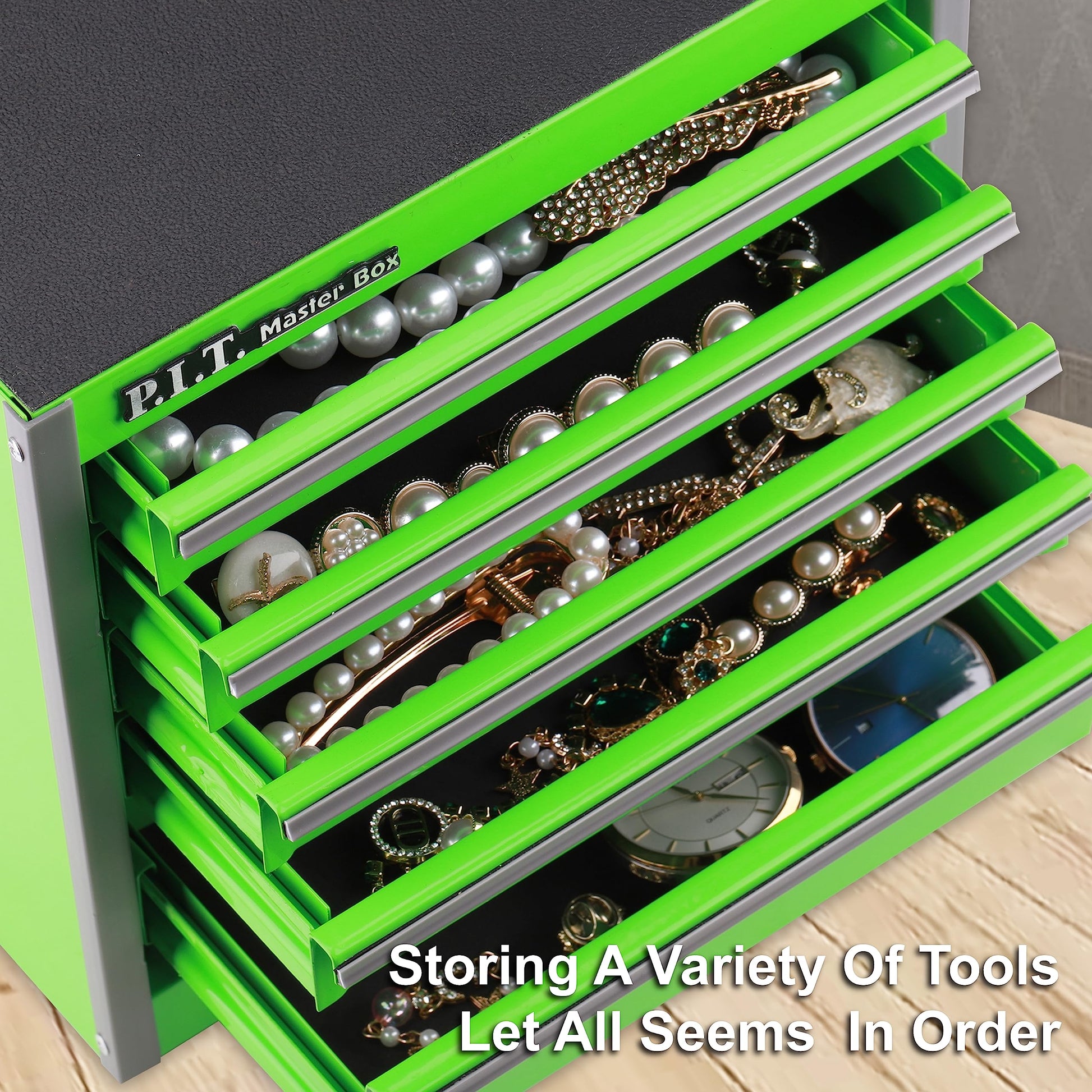 P.I.T. Portable Five-Drawer Steel Tool Box, Green Hand Carry Tool