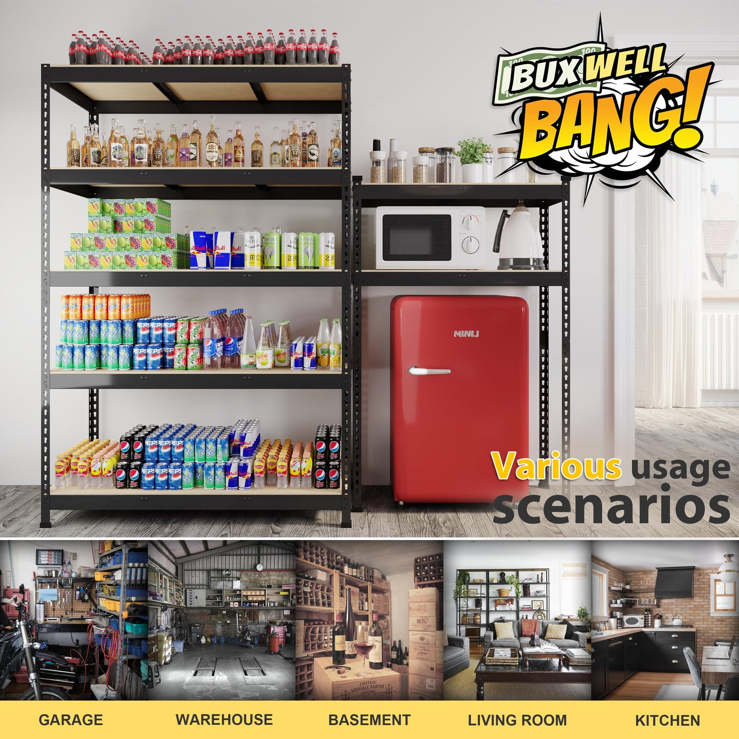 BuxWellBang 48" W x 24" D x 72" H Adjustable Garage Storage Shelves - 5-Shelf Heavy Duty Shelving Unit, Metal Utility Storage Organizer Racks for BuxWellBang