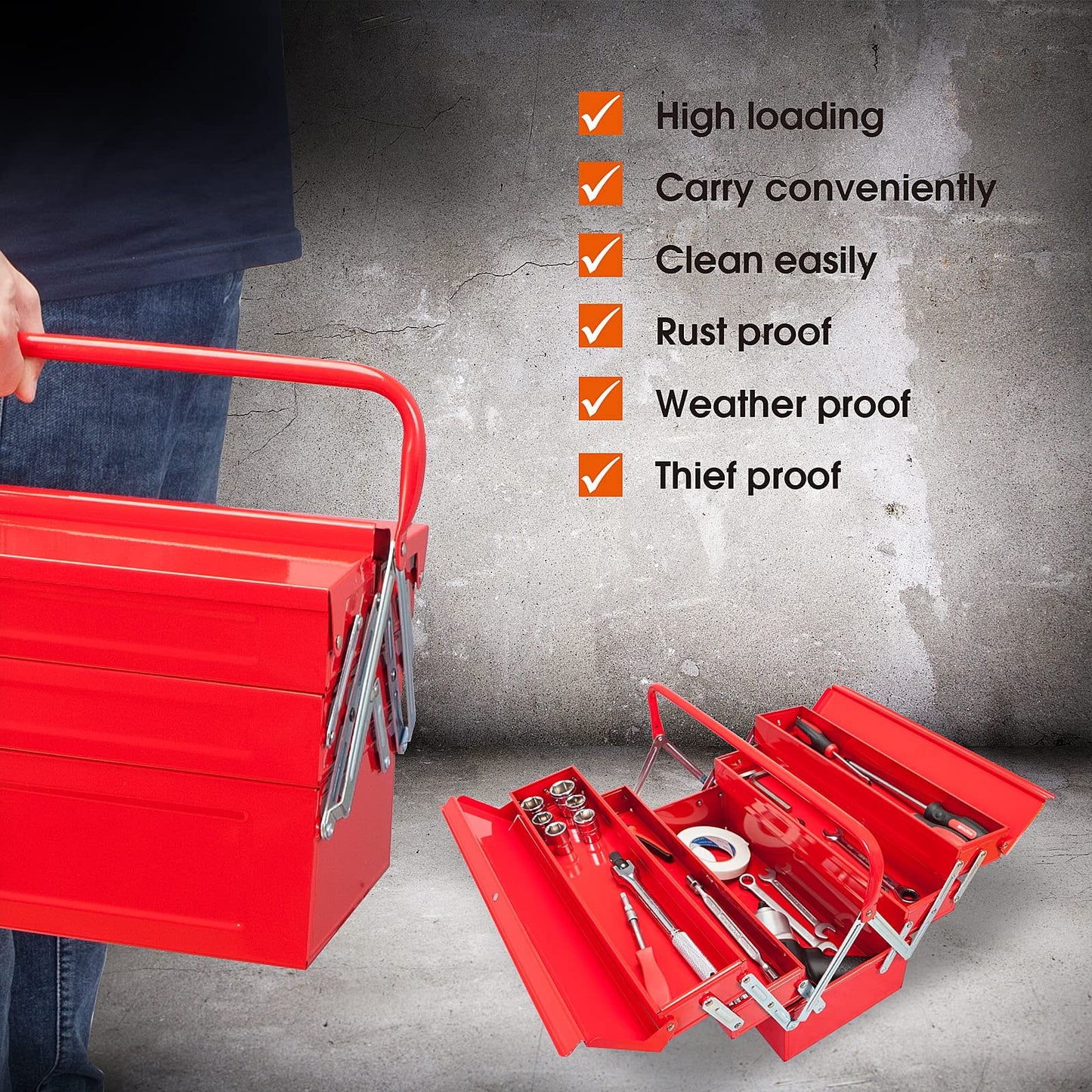 TCE 18" Metal Tool Box, Portable Steel Tool Cabinet with 5 Cantilever Tool Trays,ANTBC-128U,Red
