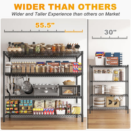 REIBII 55.5''W Storage Shelves 2500LBS Wire Shelving Rack with Wheels 75.6" H Heavy Duty Shelving Unit Adjustable Metal Shelves for Storage Rack REIBII