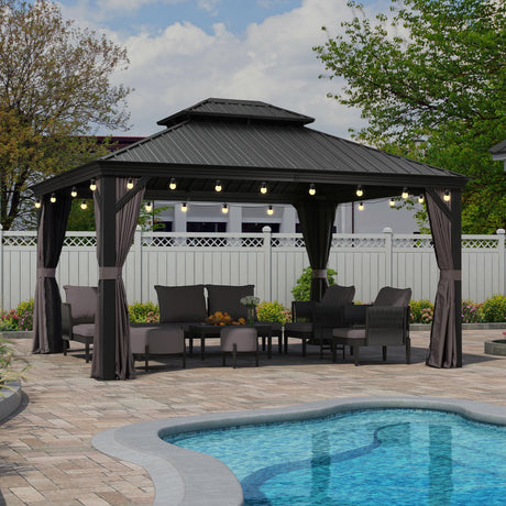 PURPLE LEAF 12' X 14' Patio Gazebo with Light Permanent Hardtop Gazebo with Metal Roof for Outdoor Lawn and Garden Grey PURPLE LEAF