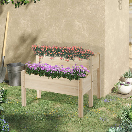 Outsunny 34"x34"x28" Raised Garden Bed, 2-Tier Elevated Wood Planter Box for Backyard, Patio to Grow Vegetables, Herbs, and Flowers, Natural Outsunny