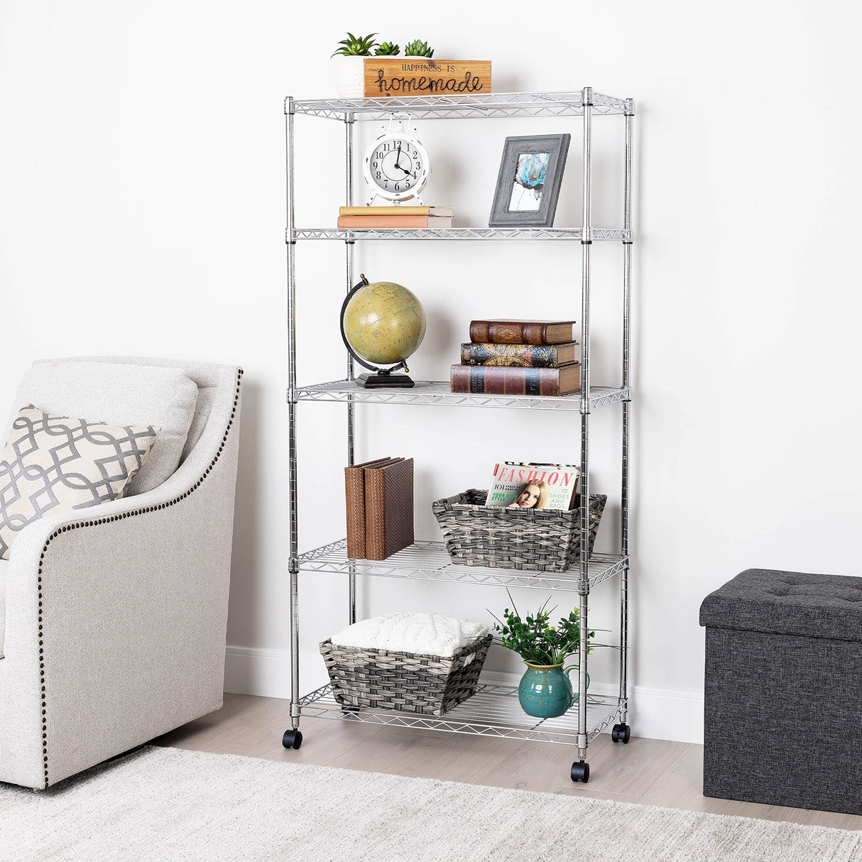 Seville Classics 5-Tier Wire Shelving with Wheels, 5-Tier, 30"" W x 14"" D (NEW MODEL), Chrome Plating, Plated Steel Seville Classics