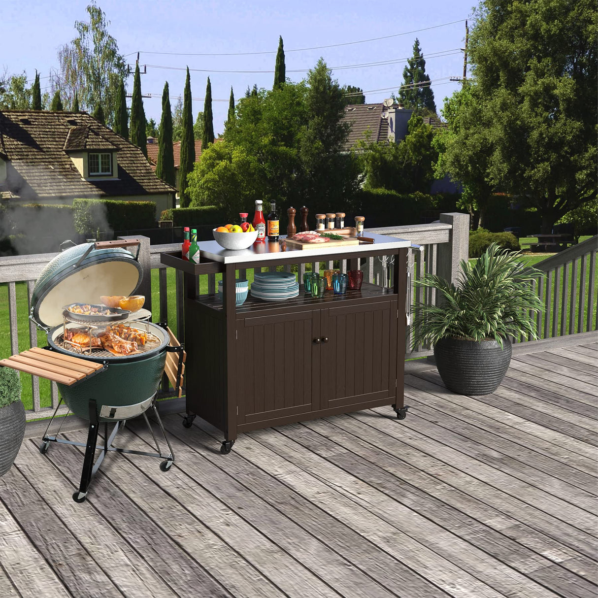 GDLF Outdoor Storage Cabinet Solid Wood Prep Grill Table with Stainless Steel Top Waterproof Cover Dark Brown GDLF