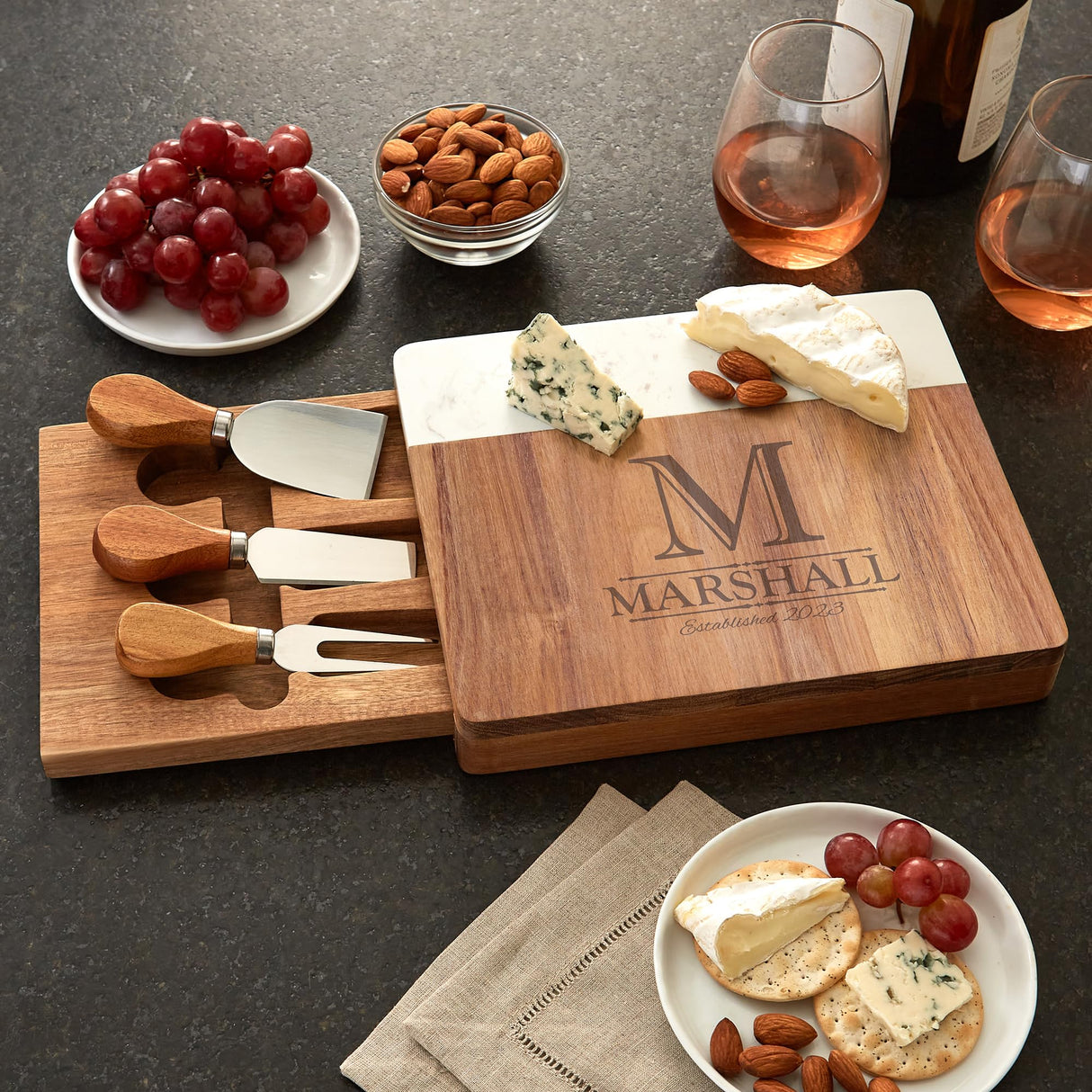 Let's Make Memories Personalized Monogram Marble Wood Cheese Board - Custom Charcuterie Platter - Home Entertaining - Customize with Initial & Name Let's Make Memories