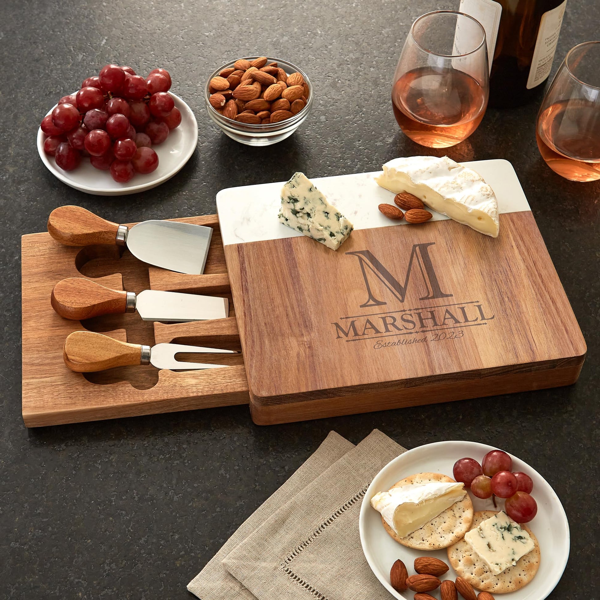 Let's Make Memories Personalized Monogram Marble Wood Cheese Board - Custom Charcuterie Platter - Home Entertaining - Customize with Initial & Name - WoodArtSupply