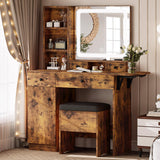 LIKIMIO Vanity Desk with Drawers & LED Lighted Mirror & Power Outlet & Cabinet, Storage Stool, Stylish Bedroom Makeup Table Set, Vintage Brown LIKIMIO