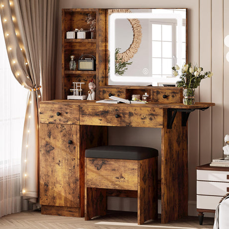 LIKIMIO Vanity Desk with Drawers & LED Lighted Mirror & Power Outlet & Cabinet, Storage Stool, Stylish Bedroom Makeup Table Set, Vintage Brown LIKIMIO