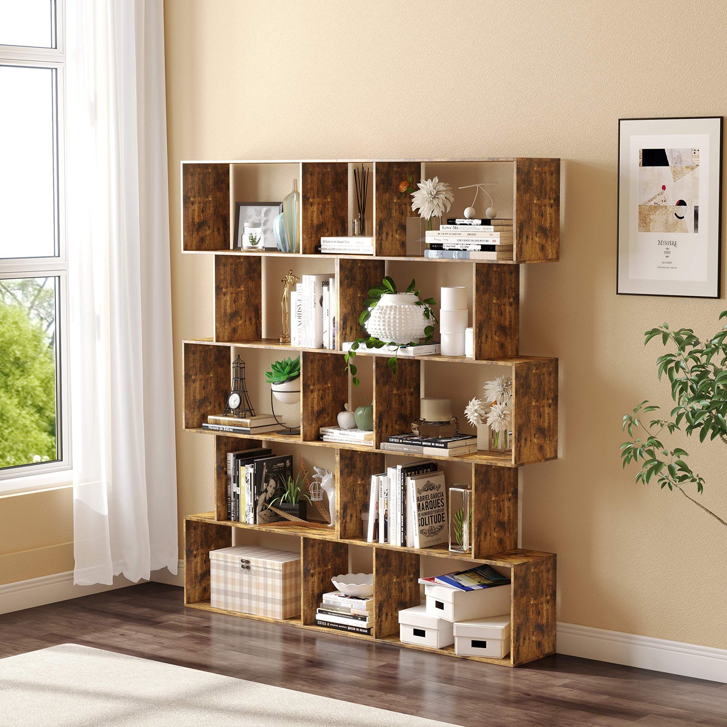 Yusong Rustic Brown 6-Tier S-Shaped Bookcase for Modern Home and Office Décor - WoodArtSupply