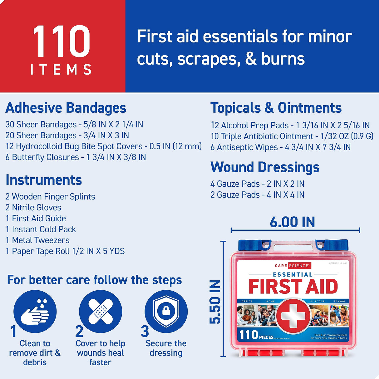 Care Science First Aid Kit, 110 Pieces | Professional Use for Travel, Work, School, Home, Car, Survival, Camping, Hiking, and More Care Science