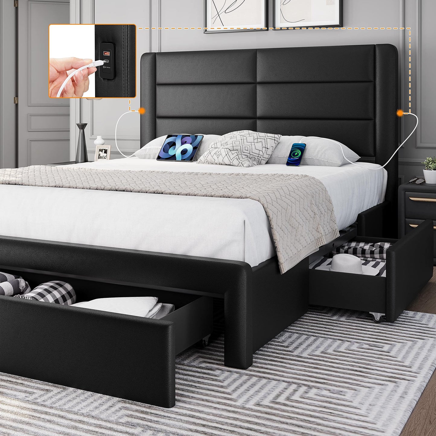 Yaheetech Queen Size Bed Frame Platform with 2 USB Charging Station/Port for Type A&Type C/3 Storage Drawers, Leather Upholstered with