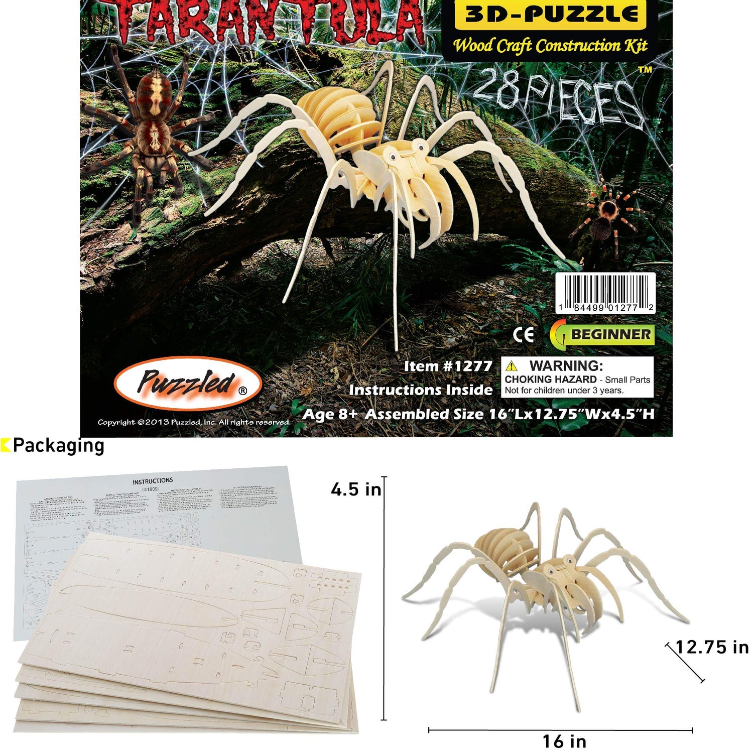 Puzzled 3D Puzzle Tarantula Spider Wood Craft Construction Model Kit, Fun & Educational DIY Wooden Toy Assemble Model Unfinished Crafting Hobby Puzzled