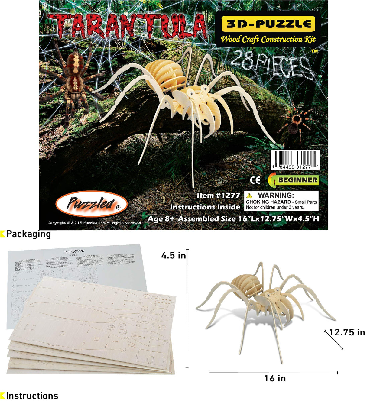 Puzzled 3D Puzzle Tarantula Spider Wood Craft Construction Model Kit, Fun & Educational DIY Wooden Toy Assemble Model Unfinished Crafting Hobby Puzzled