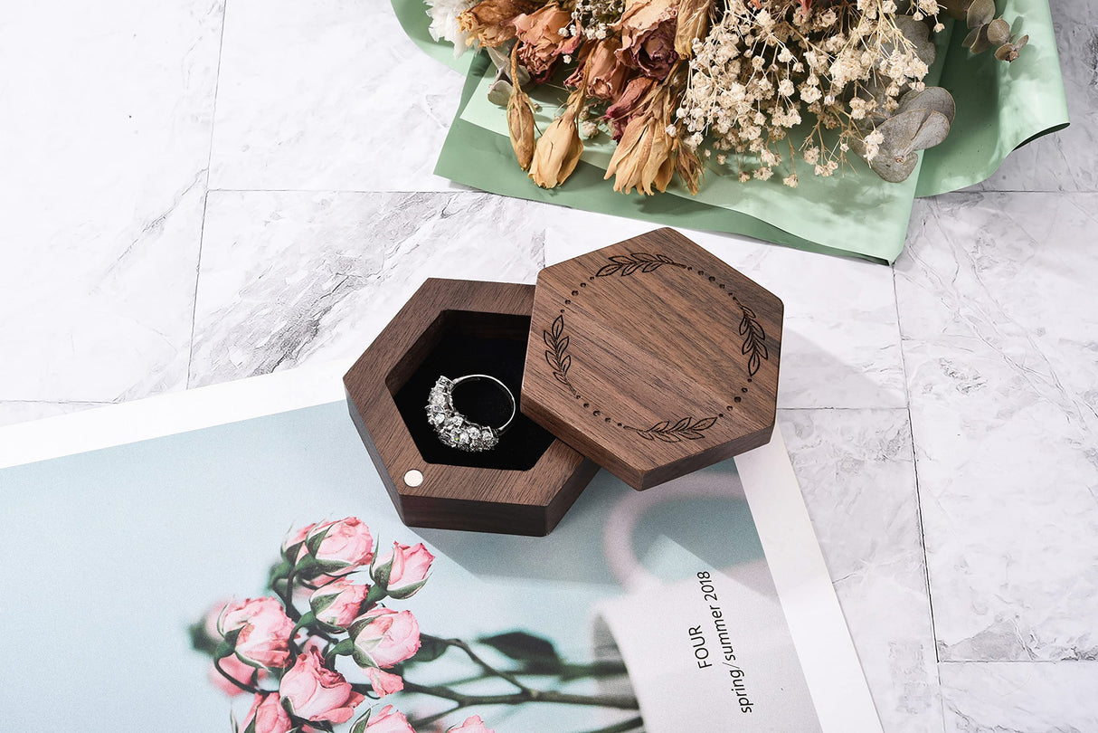 Yoption Wooden Ring Box, Handcrafted Walnut Wood Engraved Hexagon Ring Holder, Mr and Mrs Ring Box for Wedding Ceremony Anniversary Proposal Bearer Yoption