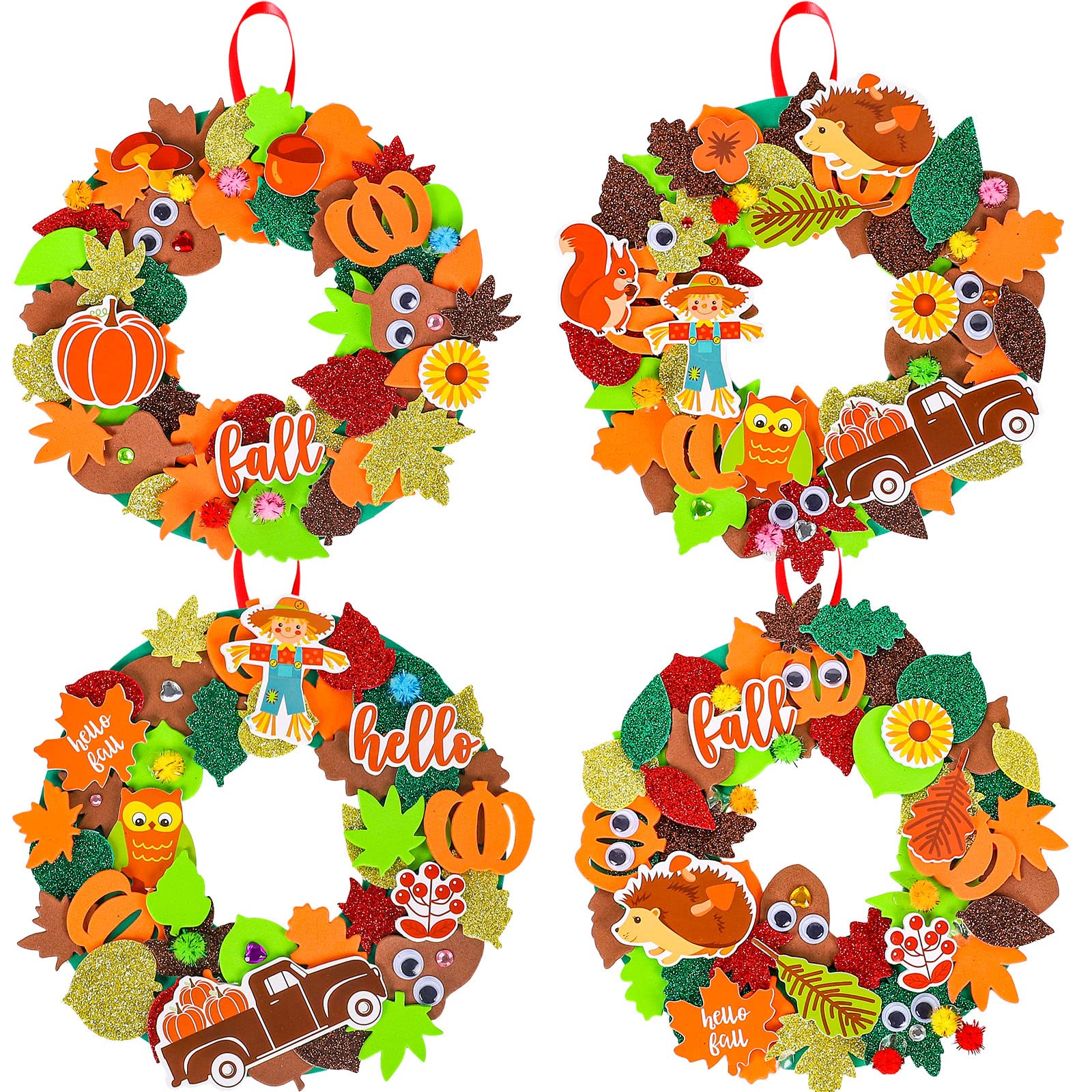 Whaline 12 Kits Fall Leaf Wreath Craft Kits Glitter Thanksgiving 3D Foam Wreath Signs with Maple Leaves Pumpkin Wiggle Eyes for Kids DIY Crafts Fall - WoodArtSupply