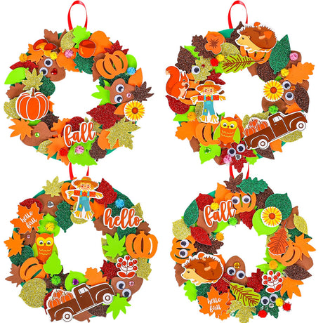 Whaline 12 Kits Fall Leaf Wreath Craft Kits Glitter Thanksgiving 3D Foam Wreath Signs with Maple Leaves Pumpkin Wiggle Eyes for Kids DIY Crafts Fall Whaline